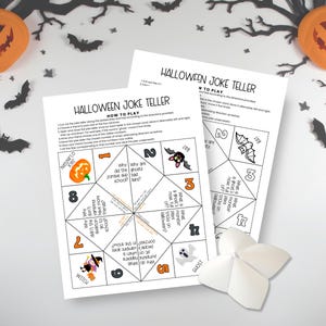 May include: Two white paper sheets featuring a Halloween Joke Teller game with black text, numbered sections, and colorful illustrations of a pumpkin, bat, ghost, and witch. The instructions for play are printed at the top of each page.