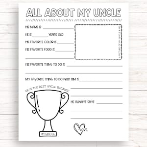 All About My Uncle Printable, Birthday Gift For Uncle From Kids, Fathers Day Printable Gift, Uncle Questionnaire