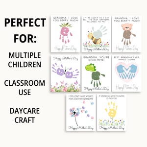 May include: Set of eight printable Mother's Day cards featuring handprint art and cute animal illustrations. Each card includes a sweet message for grandma, such as "Grandma, I love you berry much!" and "Grandma, you're dino-mite!"