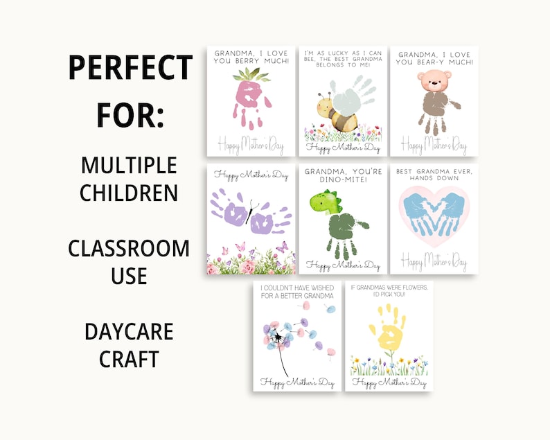 May include: Set of eight printable Mother's Day cards featuring handprint art and cute animal illustrations. Each card includes a sweet message for grandma, such as "Grandma, I love you berry much!" and "Grandma, you're dino-mite!"