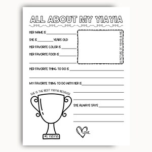All About My Yiayia Printable, Yiayia Birthday Gift From Grandkids, Grandma Questionnaire, Mothers Day Printable Gift, All About Yiayia
