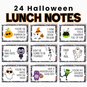 24 Halloween Lunch Box Notes, Kids Lunch Notes, Printable Lunchbox Notes, School Lunch Notes, Halloween Lunch Box Cards