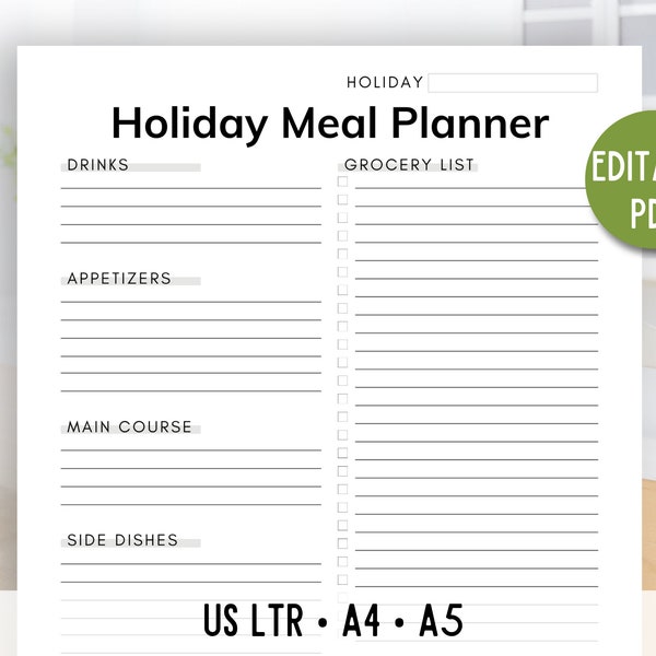 Holiday Menu Planner, Holiday Meal Plan Template, Christmas Dinner Menu, Thanksgiving Meal Planner & Grocery List, Dinner Planner