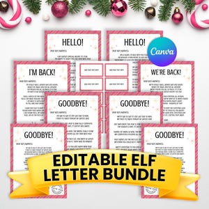 May include: A collection of printable Christmas elf letters with pink striped borders and gold star accents. The cards feature headers like HELLO!, I'M BACK!, WE'RE BACK!, and GOODBYE!, with blank spaces for names and editable text fields for holiday messages.