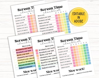 Editable Screen Time Checklist, Kids Chore Chart Printable