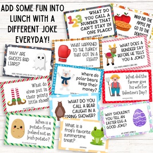 May include: A collection of colorful lunchbox joke cards with various illustrations and puns. The cards feature questions and answers with images of a ghost, a bear, a frog, and other fun characters. The text "Add some fun into lunch with a different joke everyday!" is at the top.