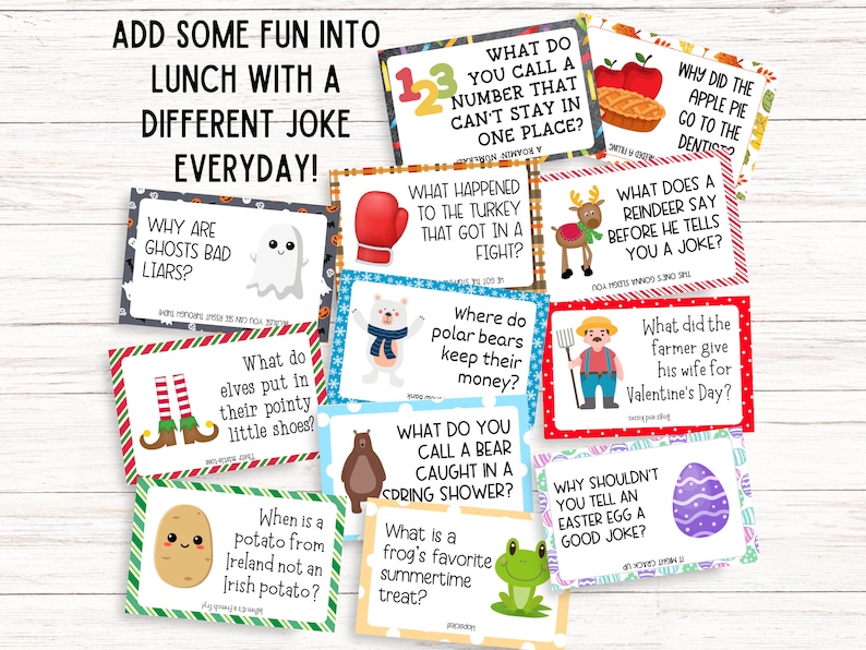 May include: A collection of colorful lunchbox joke cards with various illustrations and puns. The cards feature questions and answers with images of a ghost, a bear, a frog, and other fun characters. The text "Add some fun into lunch with a different joke everyday!" is at the top.