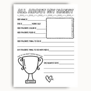 All About My Nanny Printable, Grandma Questionnaire, Mothers Day Printable Gift, Birthday Gift For Nanny From Grandkids, All About Nanny