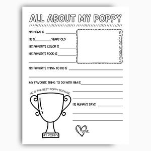 All About My Poppy Printable, Fathers Day Printable Gift, Birthday Gift For Poppy From Grandkids, Grandpa Questionnaire, All About Poppy