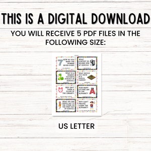 May include: Digital download with 5 PDF files. The image shows a collection of educational cards with questions like "How do you make the number seven even?" and "What is a snake's favorite subject in school?" The size is US Letter.