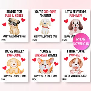 Printable Dog Valentine's Day Cards, Valentines for Kids Class, School Valentines Day Cards Dog, Classroom Valentines Cards for Kids
