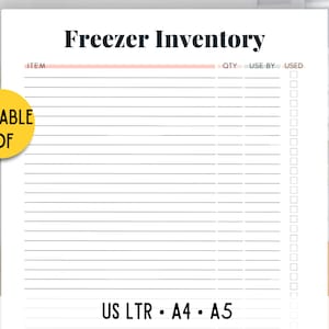 Pode incluir: Uma lista de inventário do congelador imprimível com colunas para o item, a quantidade, a data de uso e uma caixa de seleção para usado. A lista de verificação é rotulada como "Inventário do congelador" e tem o texto "US LTR - A4 - A5" na parte inferior.