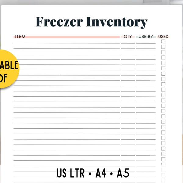 Freezer Inventory Printable, Food Tracker Template, Editable Inventory List, Freezer List, Food Inventory, Kitchen Inventory