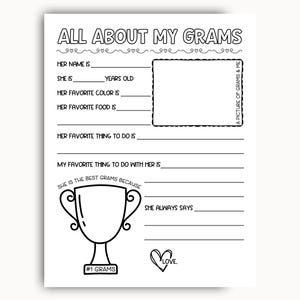 All About My Grams Printable, Grandma Questionnaire, Mothers Day Printable Gift, Birthday Gift For Grams From Grandkids, All About Grams