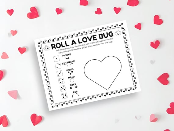 Printable Roll A Love Bug Dice Game, Valentine's Day Activity for Kids, Classroom Game, Printable Valentine's Day Game, Roll A Dice Game