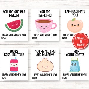 Food Valentine's Day Card Editable, Food Pun Valentine Cards for Kids Printable, Editable Valentines Cards, Classroom Valentines Day Cards