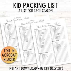 Kids Travel Packing List: Editable Checklist Template (PDF)