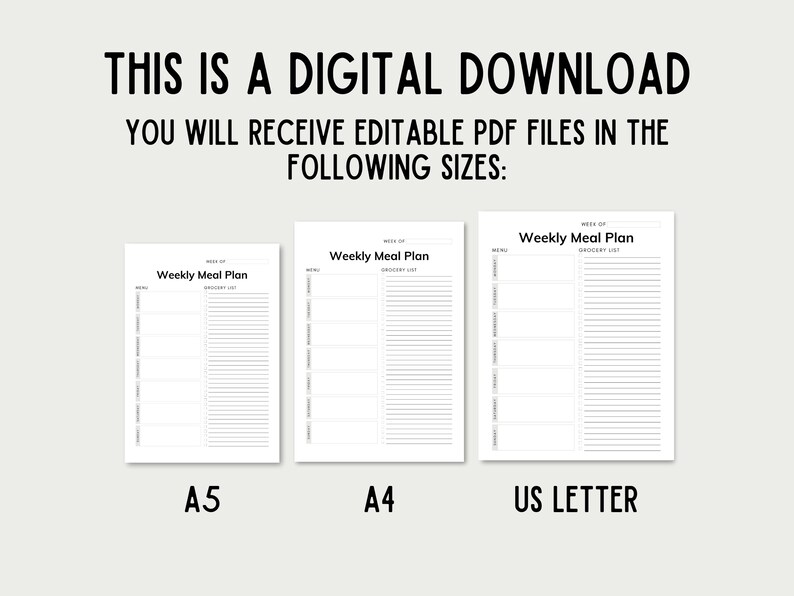 Editable Grocery List and Meal Planner Weekly Meal Plan - Etsy