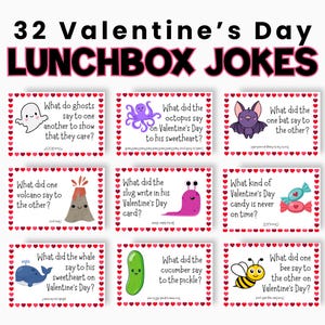 32 Printable Valentine's Day Jokes, Lunchbox Jokes, Lunchbox Notes for Kids, Lunchbox Cards, Valentine Joke Cards, Kid Joke of the Day