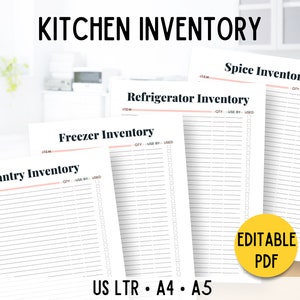 Kitchen Inventory Printable: Pantry, Fridge, Freezer (Editable PDF)