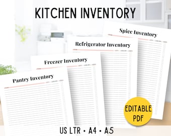 Kitchen Inventory Printable: Pantry, Fridge, Freezer (Editable PDF)