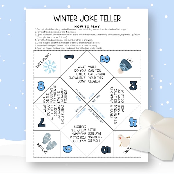 Winter Jokes for Kids, Cootie Catcher Joke Teller, Paper Fortune Teller Printable, Chatterbox, Boredom Buster, Sleepover Games, Party Favors