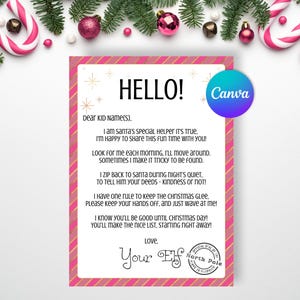 Puede incluir: Una carta rectangular con temática navideña y un borde a rayas rosa y dorado. El texto dice: HELLO! DEAR KID NAME(S). I AM SANTA'S SPECIAL HELPER IT'S TRUE. I HAVE ONE RULE TO KEEP THE CHRISTMAS GLEE, PLEASE KEEP YOUR HANDS OFF.