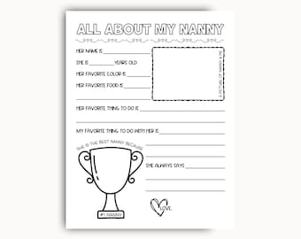 All About My Nanny Printable, Grandma Questionnaire, Mothers Day Printable Gift, Birthday Gift For Nanny From Grandkids, All About Nanny