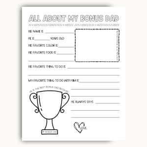 All About My Bonus Dad Printable, Fathers Day Printable Gift, Birthday Gift For Bonus Dad From Kids, Bonus Dad Questionnaire