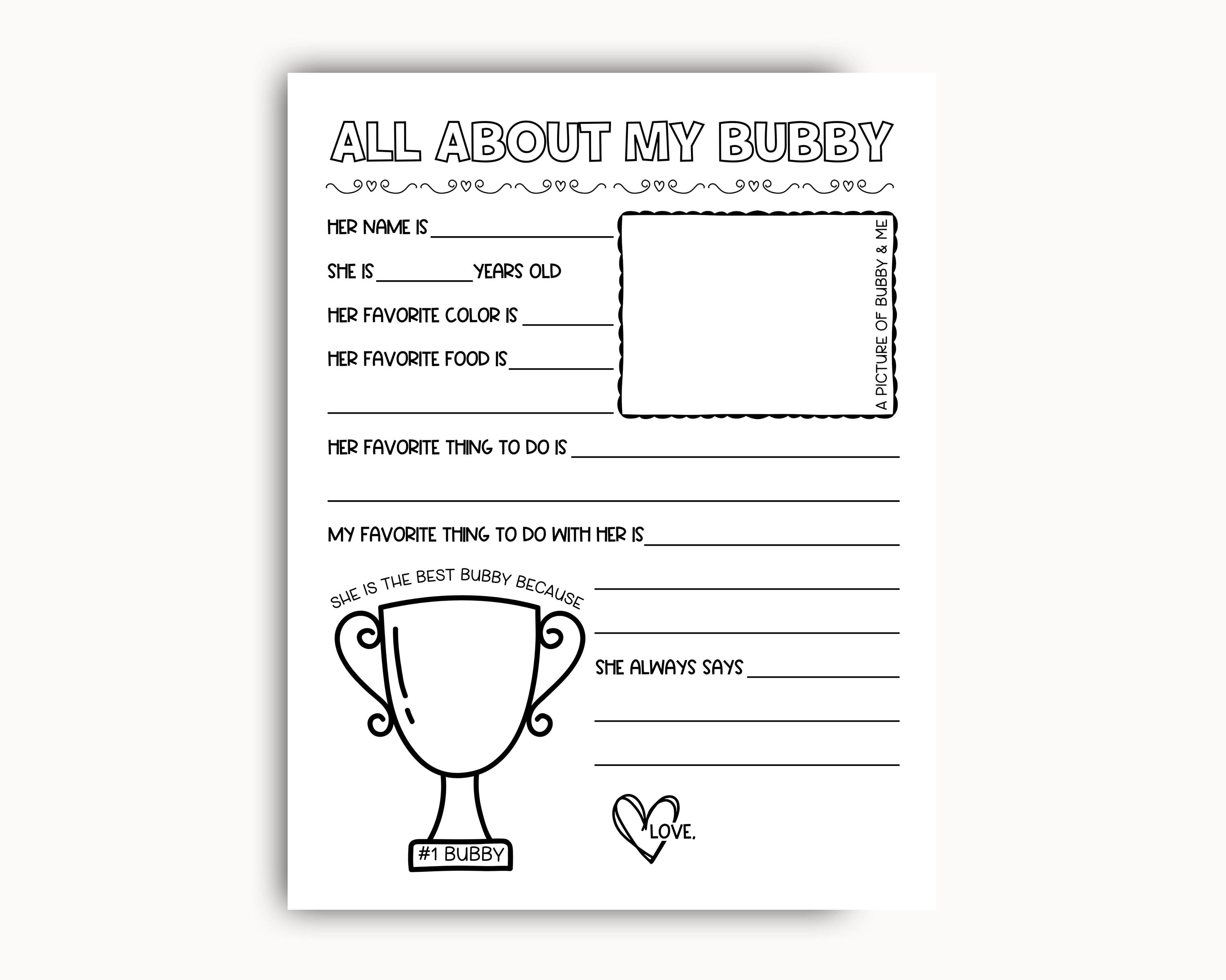 Bubby Message All About My Bubby Printable, Mothers Day Printable Gift, Grandma ...