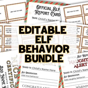 May include: A collection of printable Christmas-themed Elf on the Shelf behavior reports, certificates, and cards. The bundle includes editable templates for nice and naughty behavior, with space to add text.