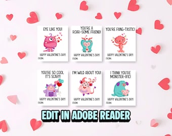 Editable Monster Valentines Day Card for Kids, Printable Valentines Cards, Monsters, Classroom Valentines, Monster Valentine's Day Tags