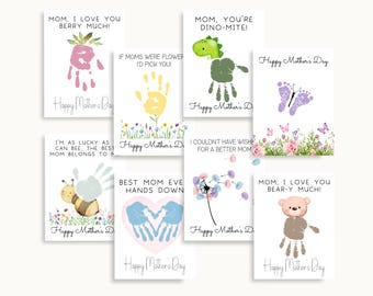 May include: Set of ten printable Mother's Day cards featuring handprint art with cute animal and floral designs. Each card includes the text "Happy Mother's Day" and a sweet message for mom.