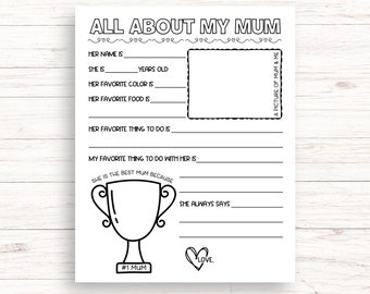 All About My Mum Printable, Mum Questionnaire, Mothers Day Printable Gift, Birthday Gift for Mum From Kids