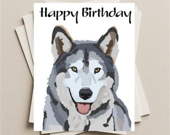 Carte d'anniversaire chien loup gris, carte de voeux vierge, note ou carte-cadeau avec enveloppe