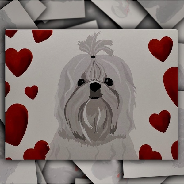 Maltese Love Valentine Anniversary card, white Maltese dog gift card, puppy dog blank greeting card with red hearts