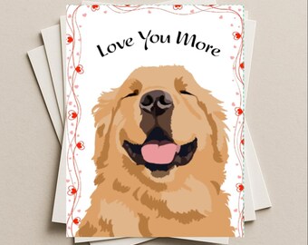 Tarjeta de San Valentín/Aniversario con diseño de Golden Retriever, tarjeta de regalo con diseño de Golden Retriever, tarjeta de felicitación en blanco con diseño de cachorro y borde de corazones rojos.