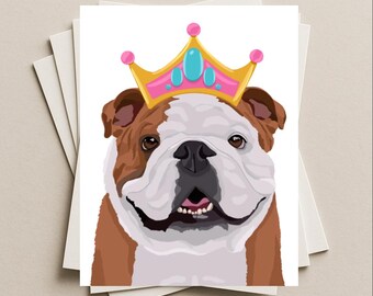 Tarjeta de felicitación en blanco con un bulldog inglés de princesa para cumpleaños, agradecimiento, invitación a fiesta, tarjeta de regalo o tarjeta de notas para cualquier ocasión.