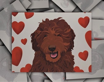 Goldendoodle Love Valentine Anniversary card, brown chocolate Goldendoodle dog gift card, Doodle puppy blank greeting card with red hearts