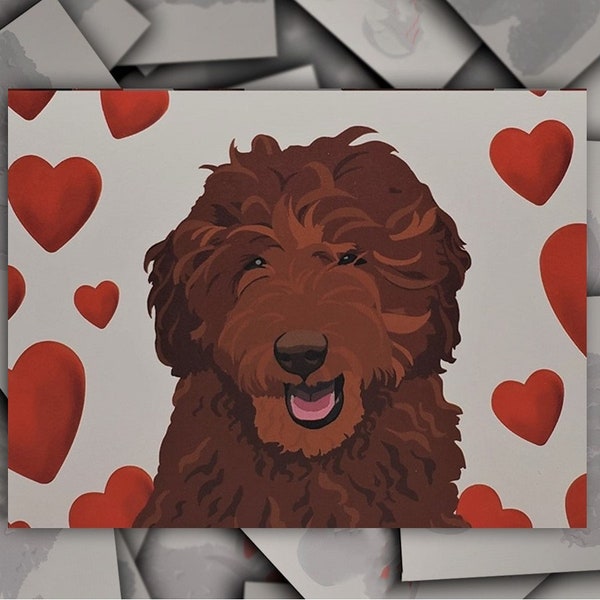 Goldendoodle Love Valentine Anniversary card, brown chocolate Goldendoodle dog gift card, Doodle puppy blank greeting card with red hearts