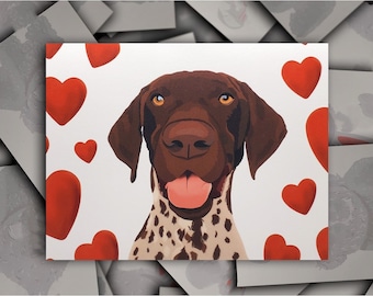 GSP German Shorthaired Pointer Love Valentine Anniversary card, GSP dog gift card, puppy dog blank greeting card with red hearts