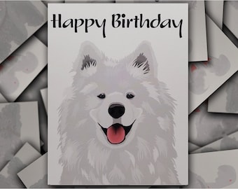 Samoyed birthday card,  white Samoyed dog gift card, puppy dog blank happy birthday greeting card