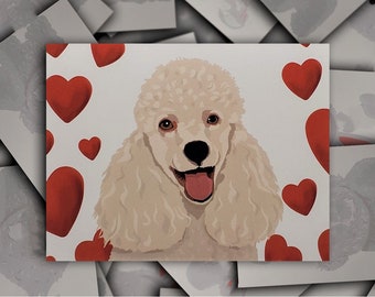 White Poodle Love Valentine Anniversary card, White Poodle dog gift card, puppy dog blank greeting card with red hearts