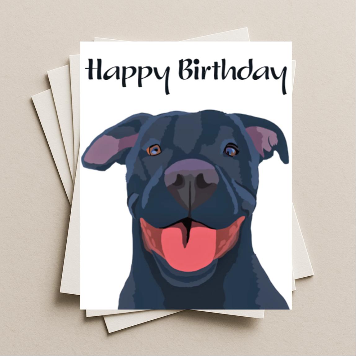 Pit Bull Terrier birthday card, black Pit Bull Terrier dog gift card, Pittie puppy dog blank happy birthday greeting card
