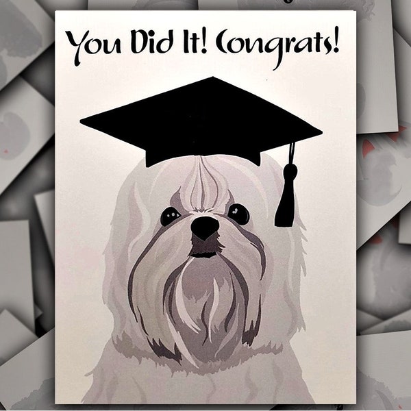 Maltese Congrats on Graduation card, white Maltese dog gift card, Maltese puppy graduation cap and tassel blank greeting card