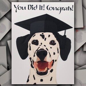 Dalmatian Congrats on Graduation card, black and white Dalmatian dog gift card, puppy graduation cap and tassel blank greeting card