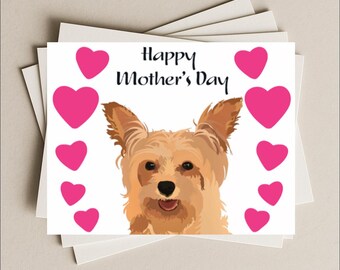 Yorkshire Terrier Mother's Day card, Yorkshire Terrier dog gift card, Yorkie puppy pink hearts blank greeting card for Mom Mum
