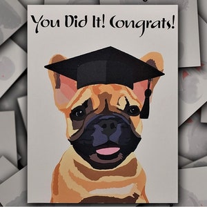 French Bulldog Congrats on Graduation card, tan black Frenchie dog gift card, Frenchie puppy graduation cap and tassel blank greeting card