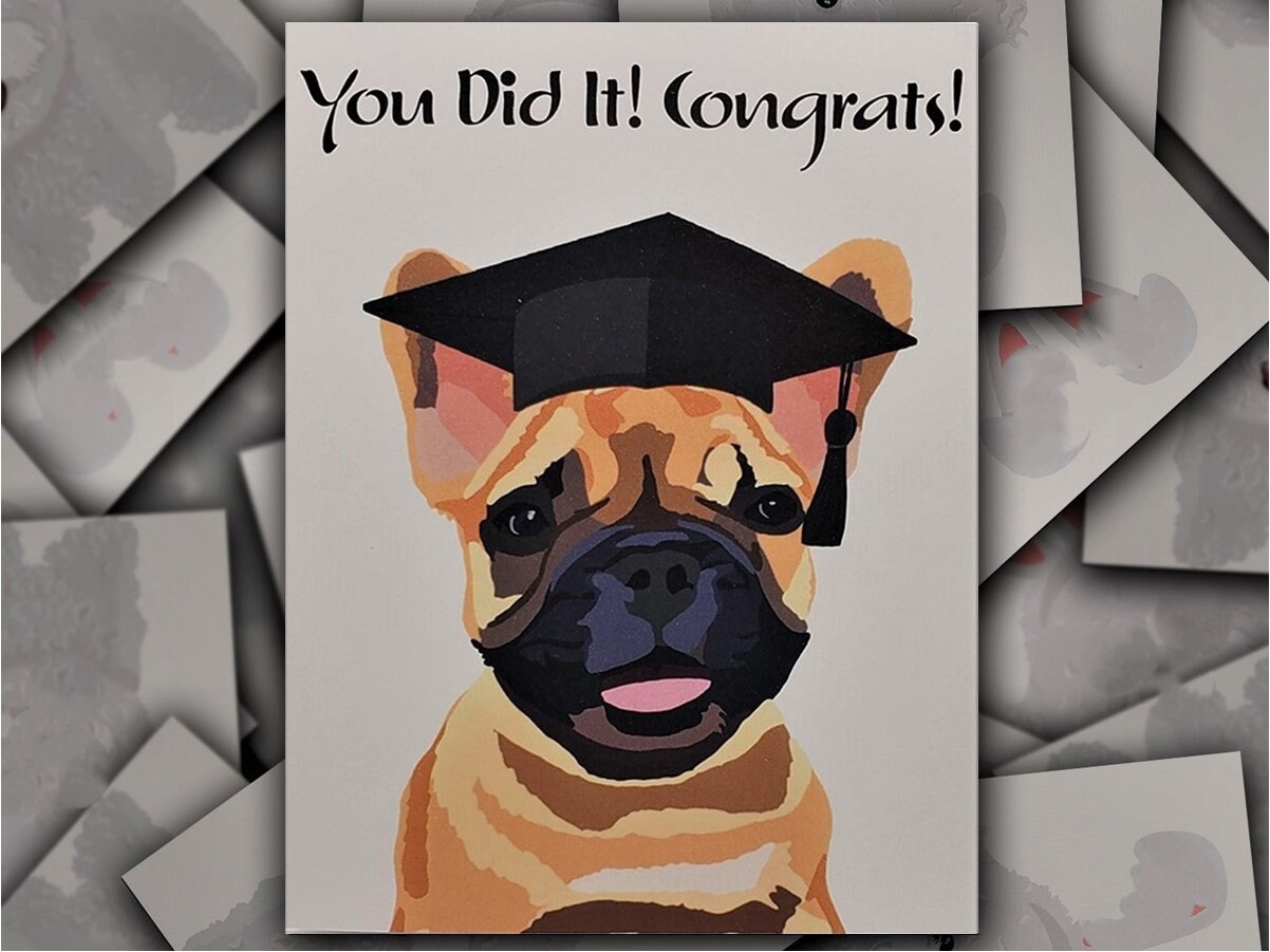 French Bulldog Congrats on Graduation card, tan black Frenchie dog gift card, Frenchie puppy graduation cap and tassel blank greeting card
