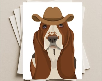 Tarjeta de felicitación en blanco con diseño de perro Basset Hound, vaquera, para cumpleaños, agradecimiento, invitación a una fiesta, tarjeta de regalo o tarjeta de notas para cualquier ocasión.